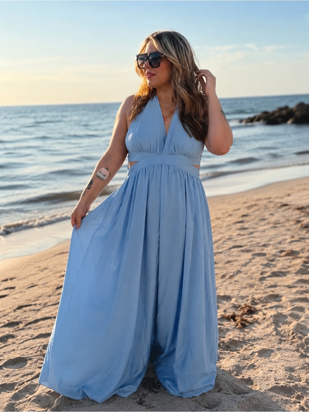 Sky-Blue Halter Flowing Maxi Dress